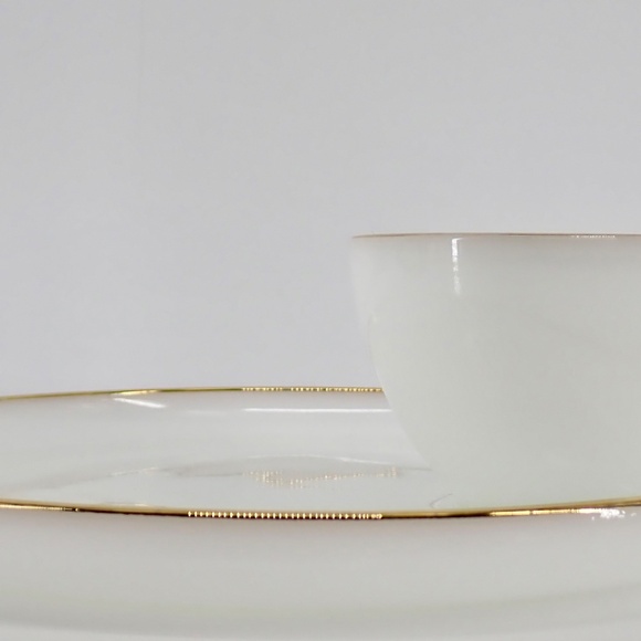 Fire King Anchor Hocking 22k Gold Rim Milk Glass Tea Cup Snack Plate Set Vintage - Picture 4 of 12